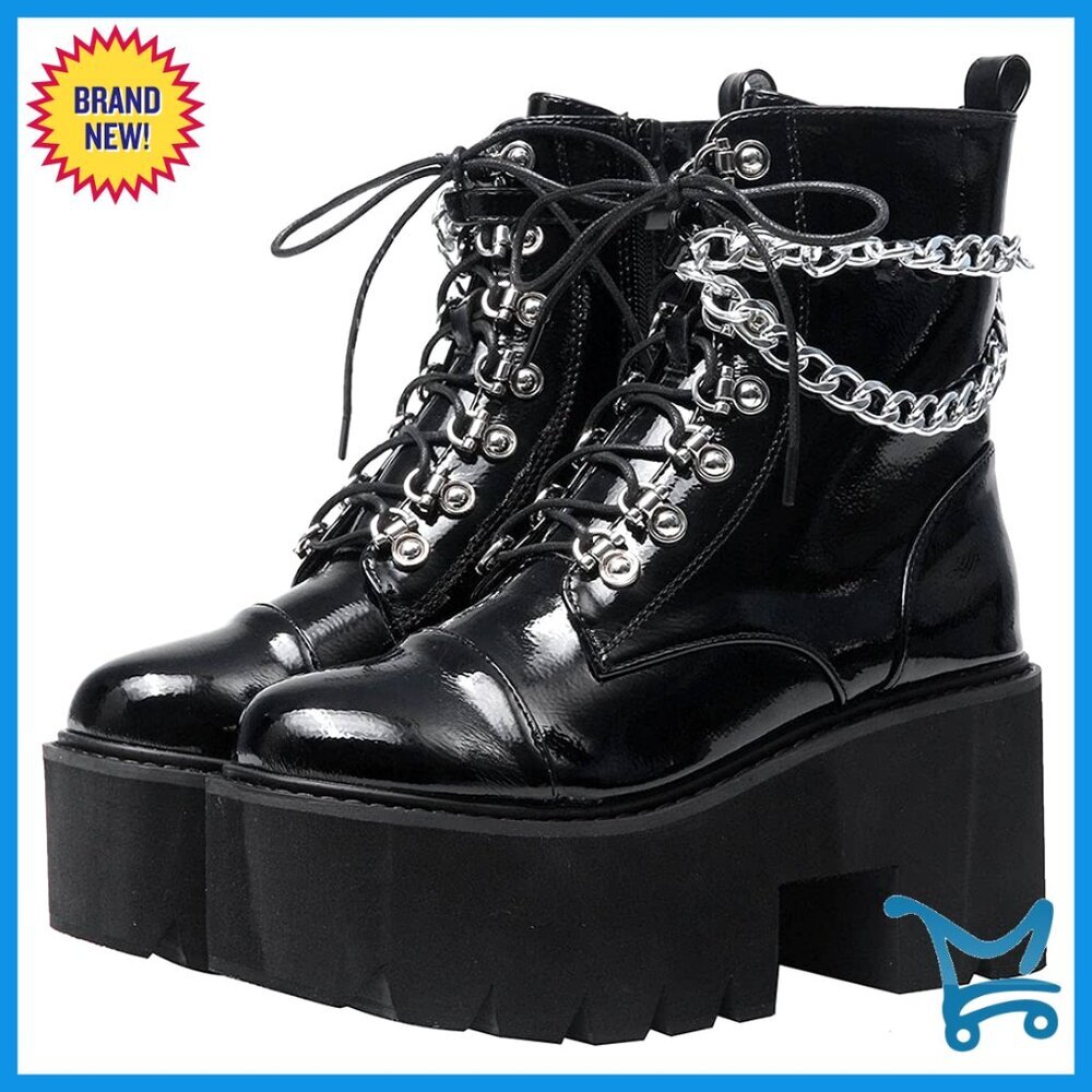 Platform Ankle Boots Combat Chunky Wedge Heel Lace Up Zipper Punk Chain